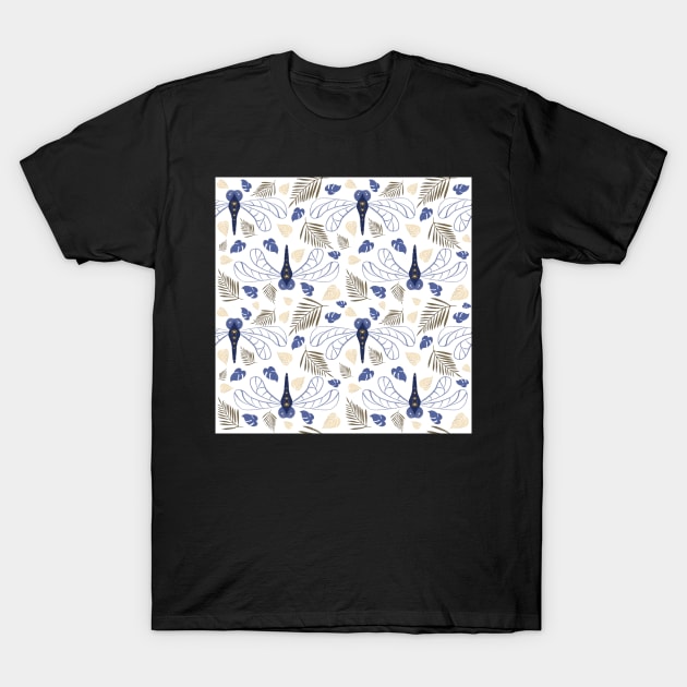 Blue Dragonfly and Leaf Pattern on White T-Shirt by OneLook